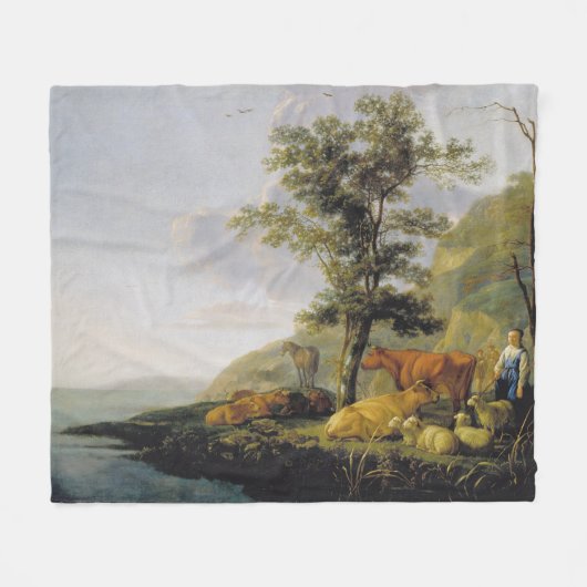 川の近くの牛Aelbert Cuyp フリースブランケット (正面(横))
