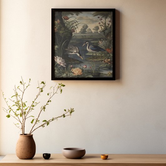 川の青い鶴の植物的なシーン ポスター