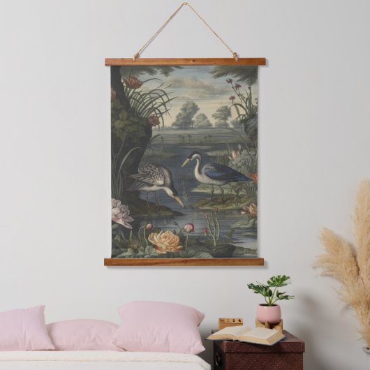 川の青い鶴の植物的なシーン 吊り下げ型タペストリー (寝室)
