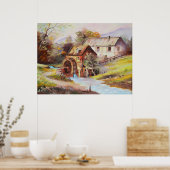 川の風景の水絵を描車 ポスター (キッチン)