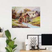 川の風景の水絵を描車 ポスター (ホームオフィス)