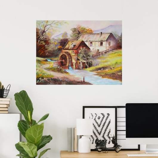 川の風景の水絵を描車 ポスター (ホームオフィス)