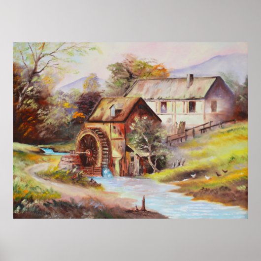 川の風景の水絵を描車 ポスター (正面)