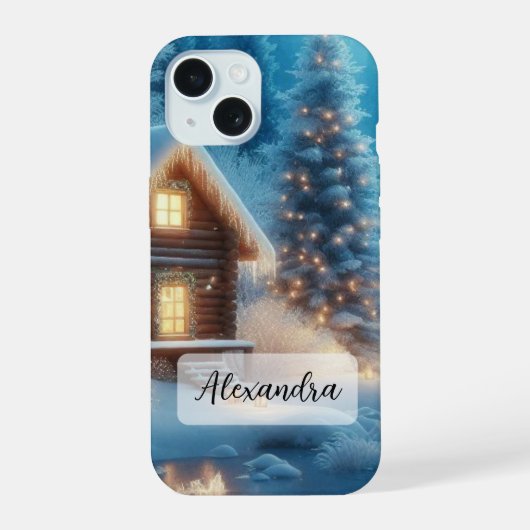 川凍ってい、居心地の良いキャビン、雪、松の木 iPhone 15ケース (裏面)