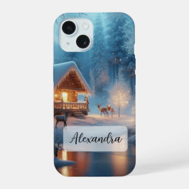 川凍ってい、鹿、居心地の良いキャビン、松の木 iPhone 15ケース
