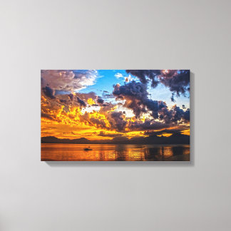 川岸に美しい写真の夕日 キャンバスプリント