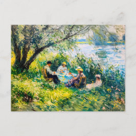 川沿いの緑豊かな牧草地でピクニックを楽しむ家族 シーズンポストカード