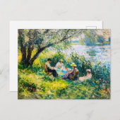 川沿いの緑豊かな牧草地でピクニックを楽しむ家族 シーズンポストカード (正面/裏面)