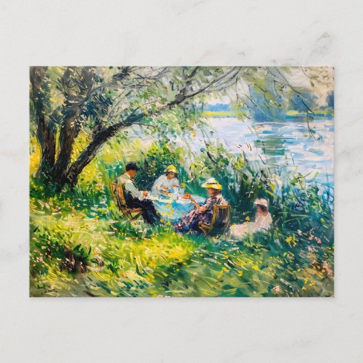 川沿いの緑豊かな牧草地でピクニックを楽しむ家族 シーズンポストカード (正面)