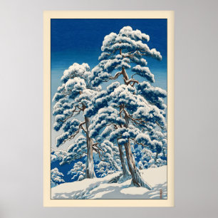 川瀬巴水 冬の版画 雪に覆われた松 ポスター