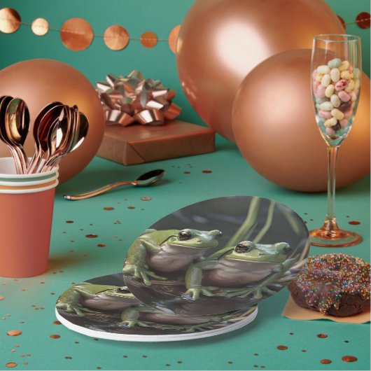 川疑問に思寄りの二羽の厚緑のカエル ペーパープレート (複数)