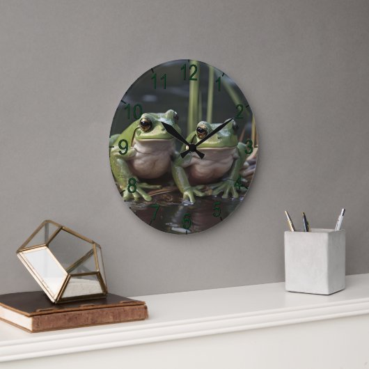 川疑問に思寄りの二羽の厚緑のカエル ラージ壁時計 (オフィス)