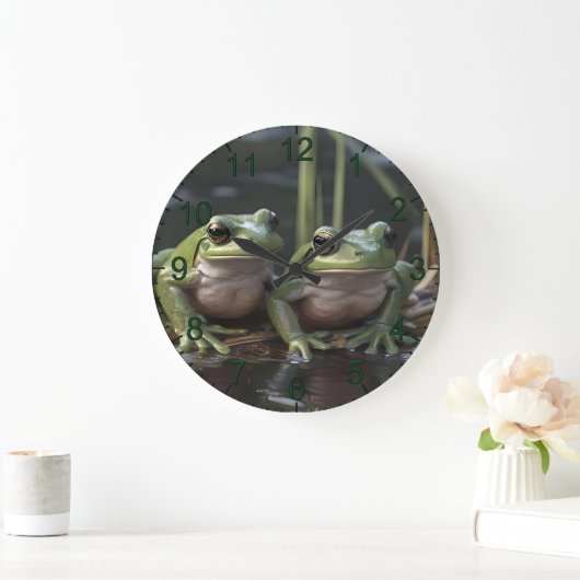 川疑問に思寄りの二羽の厚緑のカエル ラージ壁時計 (ホーム)
