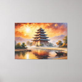 川絵を描の塔建物 キャンバスプリント