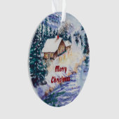 川絵画的なSnowscapeの冬の小屋 オーナメント (正面)