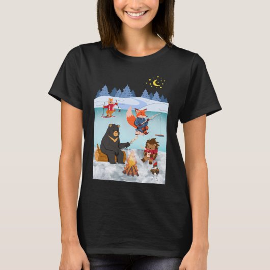 川辺で釣りをする熊 Tシャツ (正面)