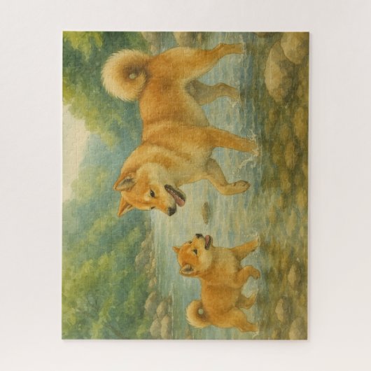 川遊びする柴犬の親子 / Shiba Inu Family Playing by the River ジグソーパズル (縦)