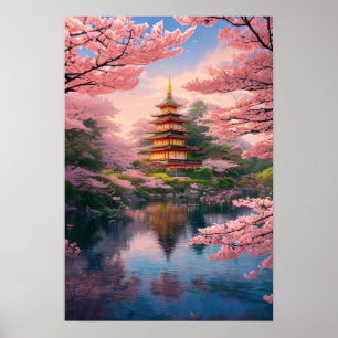 川、パゴダとさくらんぼの花 ポスター