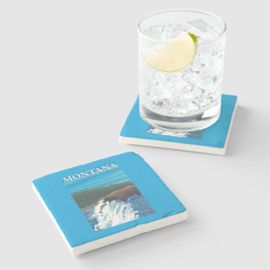 川-モンタナのくまの魚釣り ストーンコースター (横)