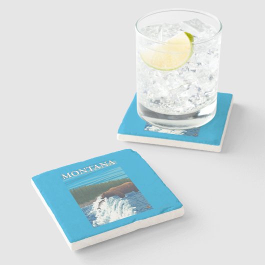 川-モンタナのくまの魚釣り ストーンコースター (横)