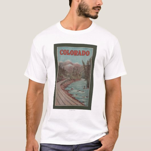 川-旅行ポスターの横の列車の眺め Tシャツ (正面)
