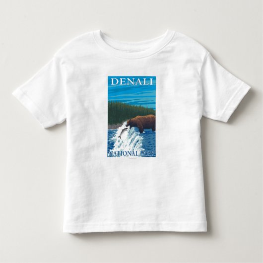 川- Denaliの国立公園のくまの魚釣り、 トドラーTシャツ (正面)