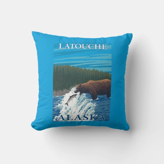 川- Latouche、アラスカのくまの魚釣り クッション (正面)