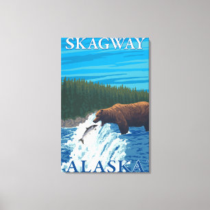 川- Skagway、アラスカのくまの魚釣り キャンバスプリント