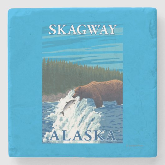 川- Skagway、アラスカのくまの魚釣り ストーンコースター (正面)