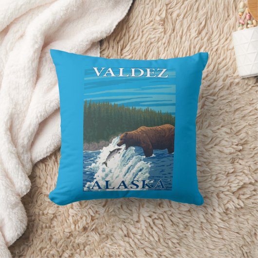 川- Valdez、アラスカのくまの魚釣り クッション (ブランケット)