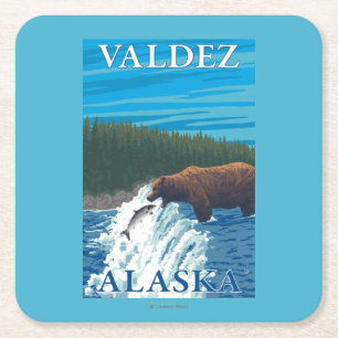 川- Valdez、アラスカのくまの魚釣り スクエアペーパーコースター