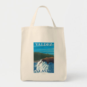 川- Valdez、アラスカのくまの魚釣り トートバッグ