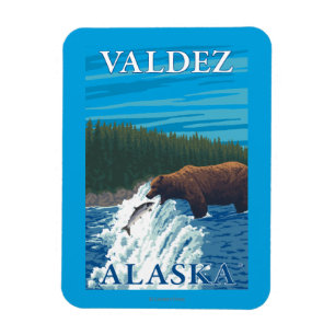 川- Valdez、アラスカのくまの魚釣り マグネット