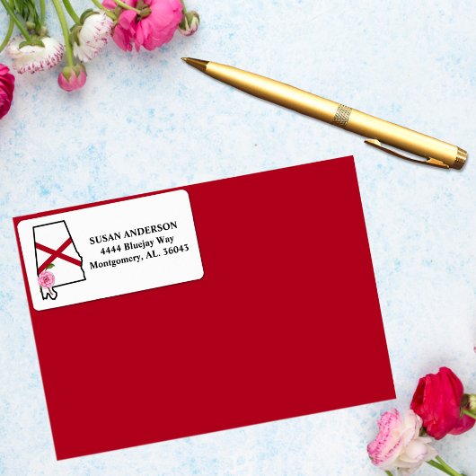 州のアラバマ州旗と州フラワー椿 ラベル