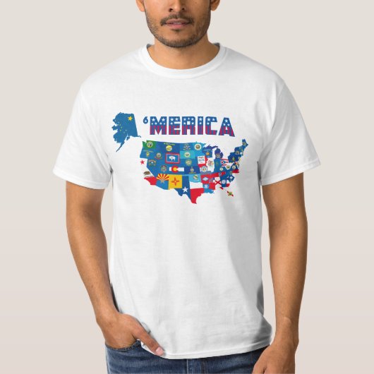 州の旗のTシャツが付いているアメリカの愛国心が強い地図 Tシャツ (正面)