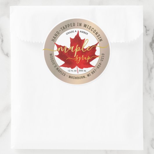 州名ファンシーフォントメープルシロップ赤葉金ゴールド ラウンドシール (バッグ)