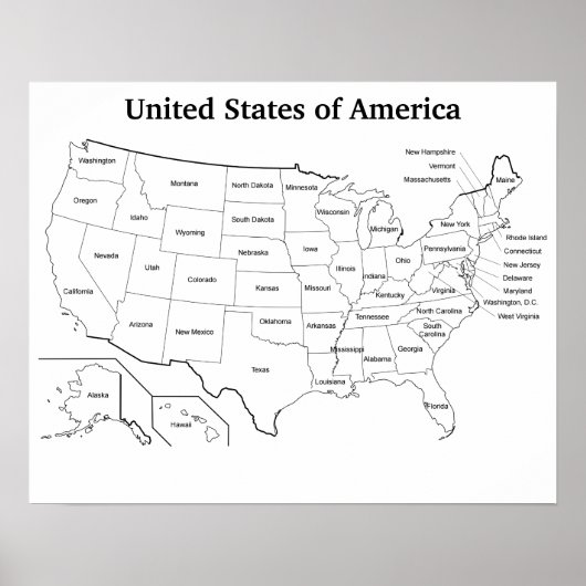 州名入りアメリカ合衆国地図の枠線 ポスター (正面)