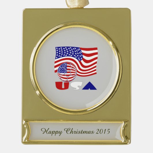 州統一されたアメリカ国旗USAサッカーボールゴールデン ゴールドプレートバナーオーナメント (正面)