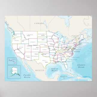 州都が示されたアメリカ合衆国の地図 ポスター