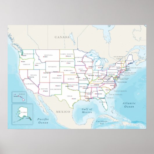 州都が示されたアメリカ合衆国の地図 ポスター (正面)