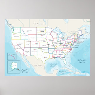 州都が示されたアメリカ合衆国の地図 ポスター