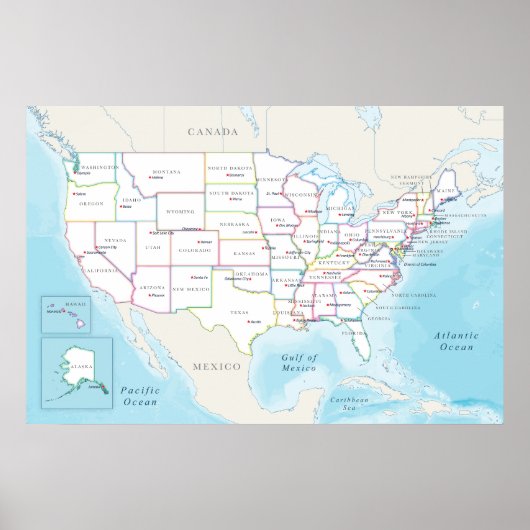 州都が示されたアメリカ合衆国の地図 ポスター (正面)