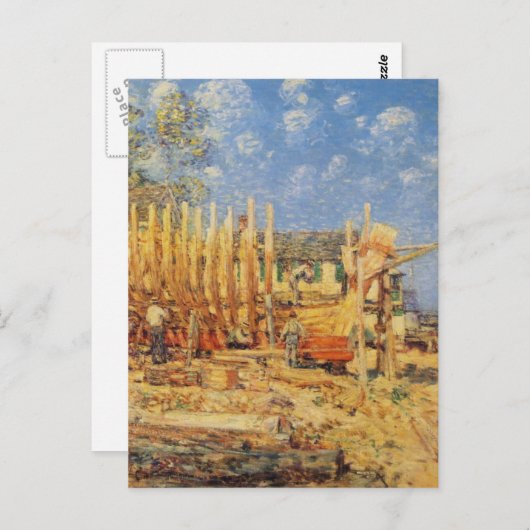 州都に絵画建設されるスクーナー船の ポストカード (正面/裏面)