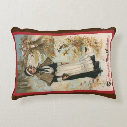 巡礼者の女性に感謝祭の日のご挨拶 アクセントクッション (正面)