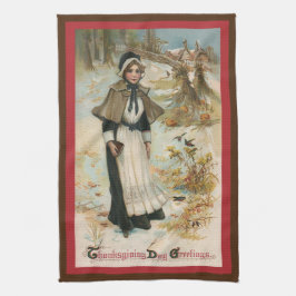 巡礼者の女性に感謝祭の日のご挨拶 キッチンタオル