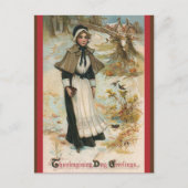 巡礼者の女性に感謝祭の日のご挨拶 シーズンポストカード (正面)