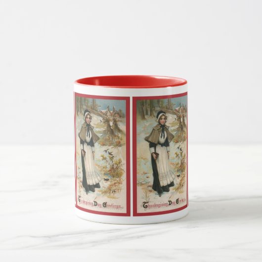 巡礼者の女性に感謝祭の日のご挨拶 マグカップ (中央)