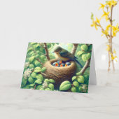 巣にノミを持つ母の鳥 カード (黄色い花)