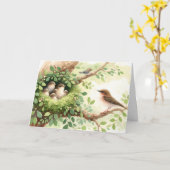 巣にベビーを持つ母鳥 カード (黄色い花)