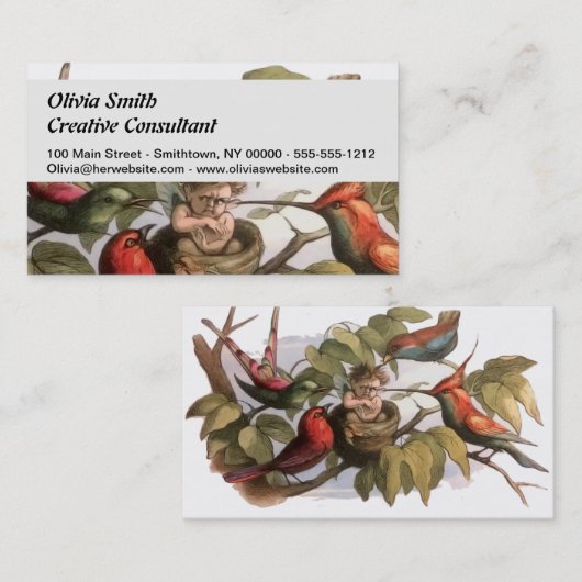 巣のウッドランド小妖精や小人:アンティークバードスプライトフェアリー 名刺 (正面/裏面)